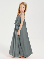 Chiffon Junior Bridesmaid Dresses Long Cascading Skirt Steel Grey
