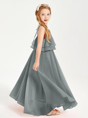 Chiffon Junior Bridesmaid Dresses Long Cascading Skirt Steel Grey