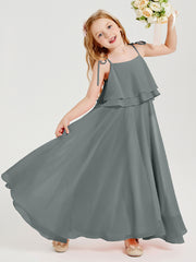 Chiffon Junior Bridesmaid Dresses Long Cascading Skirt Steel Grey