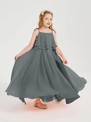 Chiffon Junior Bridesmaid Dresses Long Cascading Skirt Steel Grey