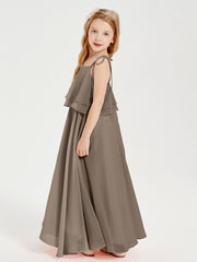 Chiffon Junior Bridesmaid Dresses Long Cascading Skirt Taupe