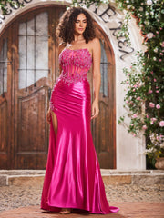 Sheath Strapless Appliqued Diamond High Slit Satin Prom Dresses Fuchsia