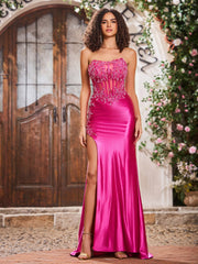 Sheath Strapless Appliqued Diamond High Slit Satin Prom Dresses Fuchsia