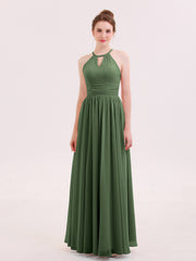 Halter Maxi Chiffon Dress For BRIDESMAIDS Olive Green