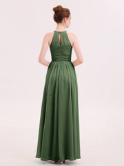 Halter Maxi Chiffon Dress For BRIDESMAIDS Olive Green