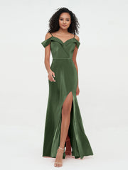 Off Shoulder Long Velvet Dresses with Slit Olive Green