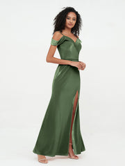 Off Shoulder Long Velvet Dresses with Slit Olive Green