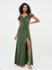 Off Shoulder Long Velvet Dresses with Slit Olive Green