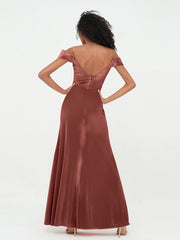 Off Shoulder Long Velvet Dresses with Slit Terracotta
