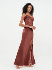 Off Shoulder Long Velvet Dresses with Slit Terracotta