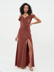 Off Shoulder Long Velvet Dresses with Slit Terracotta