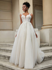 V-neck Flower Appliqued Tulle Wedding Dress Ivory