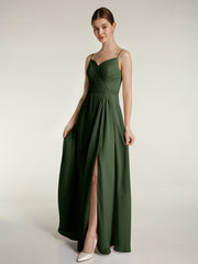 Spaghetti Strap Dress with Slit for Bridesmaid Olive Green