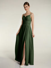 Spaghetti Strap Dress with Slit for Bridesmaid Olive Green