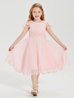 Chiffon Tea Length Junior Bridesmaid Dresses Blushing Pink
