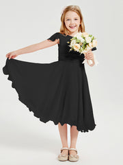 Chiffon Tea Length Junior Bridesmaid Dresses Black