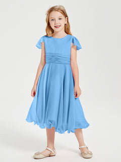 Chiffon Tea Length Junior Bridesmaid Dresses Blue