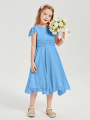 Chiffon Tea Length Junior Bridesmaid Dresses Blue