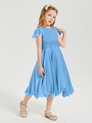 Chiffon Tea Length Junior Bridesmaid Dresses Blue
