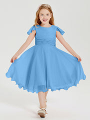 Chiffon Tea Length Junior Bridesmaid Dresses Blue