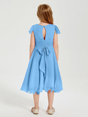 Chiffon Tea Length Junior Bridesmaid Dresses Blue