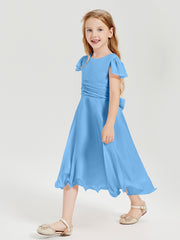 Chiffon Tea Length Junior Bridesmaid Dresses Blue