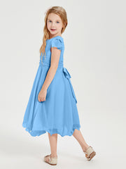 Chiffon Tea Length Junior Bridesmaid Dresses Blue