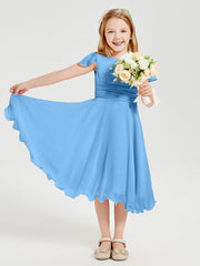Chiffon Tea Length Junior Bridesmaid Dresses Blue