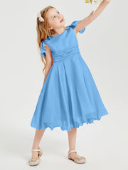 Chiffon Tea Length Junior Bridesmaid Dresses Blue