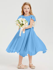Chiffon Tea Length Junior Bridesmaid Dresses Blue
