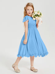Chiffon Tea Length Junior Bridesmaid Dresses Blue