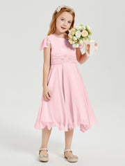 Chiffon Tea Length Junior Bridesmaid Dresses Blushing Pink