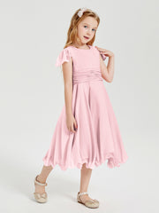 Chiffon Tea Length Junior Bridesmaid Dresses Blushing Pink