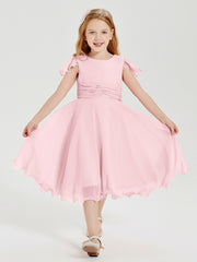 Chiffon Tea Length Junior Bridesmaid Dresses Blushing Pink