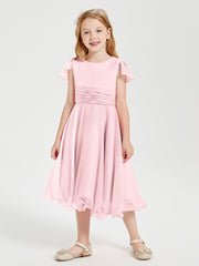 Chiffon Tea Length Junior Bridesmaid Dresses Blushing Pink