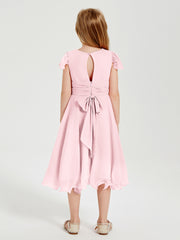 Chiffon Tea Length Junior Bridesmaid Dresses Blushing Pink