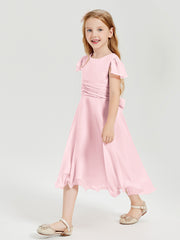 Chiffon Tea Length Junior Bridesmaid Dresses Blushing Pink