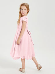 Chiffon Tea Length Junior Bridesmaid Dresses Blushing Pink