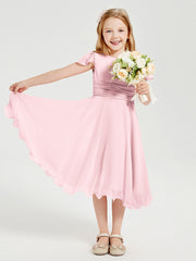 Chiffon Tea Length Junior Bridesmaid Dresses Blushing Pink