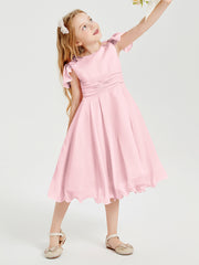 Chiffon Tea Length Junior Bridesmaid Dresses Blushing Pink