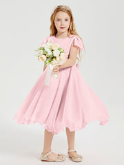 Chiffon Tea Length Junior Bridesmaid Dresses Blushing Pink