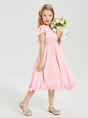 Chiffon Tea Length Junior Bridesmaid Dresses Blushing Pink