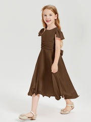 Chiffon Tea Length Junior Bridesmaid Dresses Brown