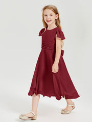 Chiffon Tea Length Junior Bridesmaid Dresses Burgundy