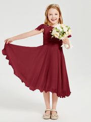 Chiffon Tea Length Junior Bridesmaid Dresses Burgundy