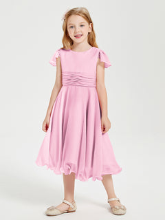 Chiffon Tea Length Junior Bridesmaid Dresses Candy Pink