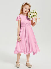 Chiffon Tea Length Junior Bridesmaid Dresses Candy Pink