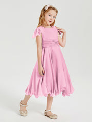 Chiffon Tea Length Junior Bridesmaid Dresses Candy Pink