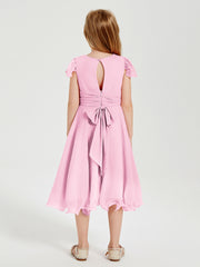 Chiffon Tea Length Junior Bridesmaid Dresses Candy Pink
