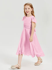 Chiffon Tea Length Junior Bridesmaid Dresses Candy Pink
